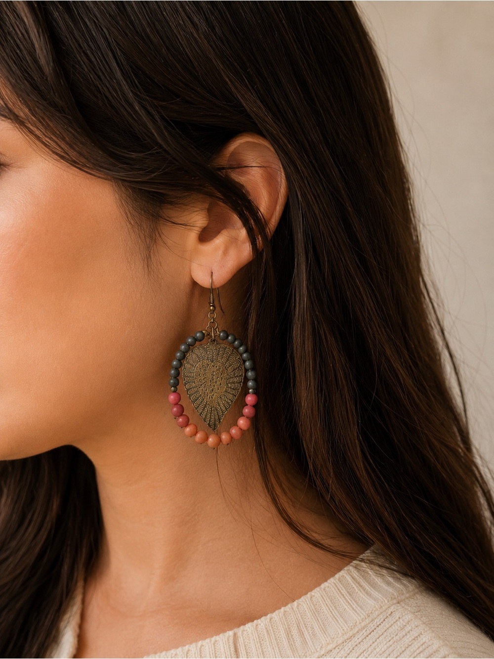 Handcrafted‎ Heart Pendant Beaded Drop Earrings - Pink Gray Coral Distressed
